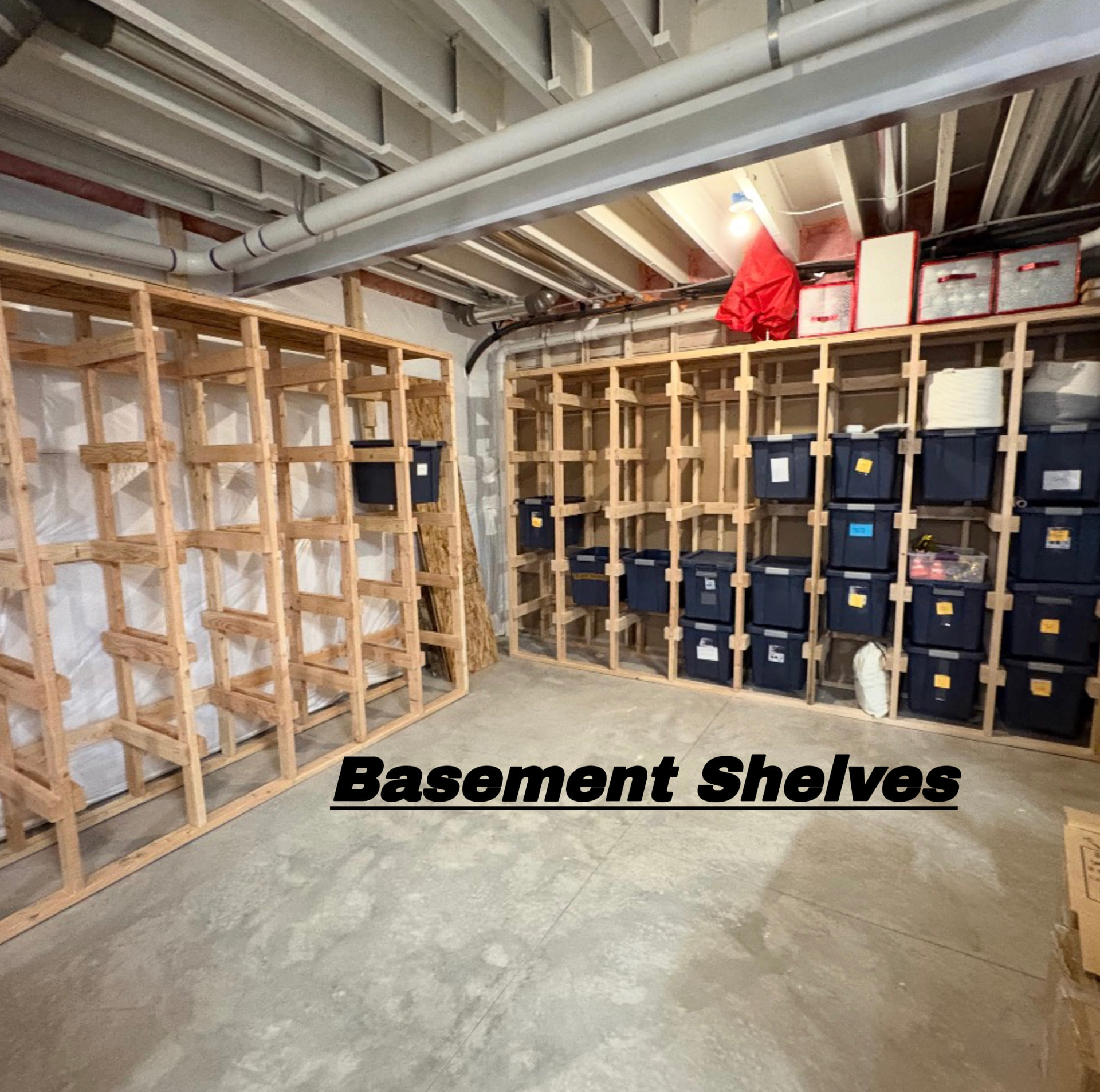 Custom-built basement storage shelving